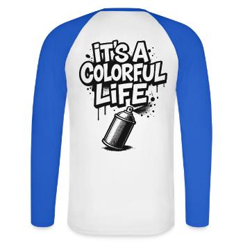 It's a Colorful Life Graffiti - Unisex Baseballshirt langarm - Weiß/Royalblau - Hinten - Nik (191cm)