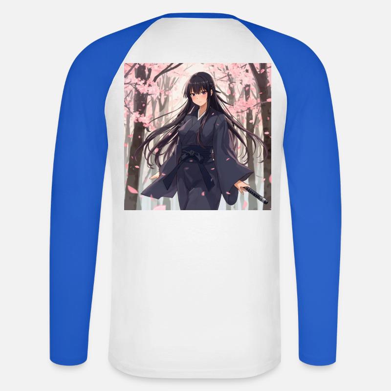 Sakura Samurai im Wald - Unisex Baseballshirt langarm - Weiß/Royalblau