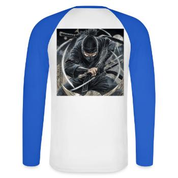 Ninja Schattenkampf Nacht - Unisex Baseballshirt langarm - Weiß/Royalblau - Hinten - Nik (191cm)
