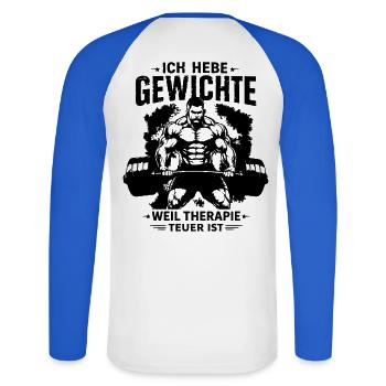 Ich hebe Gewichte weil Therapie teuer ist - Unisex Baseballshirt langarm - Weiß/Royalblau - Hinten - Nik (191cm)