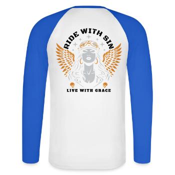 Ride With Sin Live With Grace - Unisex Baseballshirt langarm - Weiß/Royalblau - Hinten - Nik (191cm)