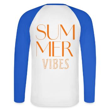 Summer Vibes : Typographie Design - T-shirt baseball manches longues Homme - blanc/bleu royal - Dos - Nik (191cm)