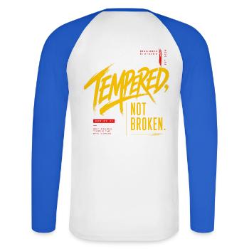 Tempered, Not Broken – Design streetwear motivatio - Unisex Long Sleeve Baseball T-Shirt - white/royal blue - Back - Nik (191cm)