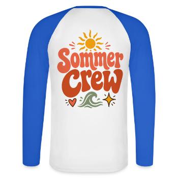 Sommer Crew Retro Sonne und Wellen Vibes - Unisex Baseballshirt langarm - Weiß/Royalblau - Hinten - Nik (191cm)