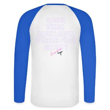 Warum Nasen Laufen, Füße Riechen - Unisex Baseballshirt langarm - Weiß/Royalblau - Hinten - Nik (191cm)