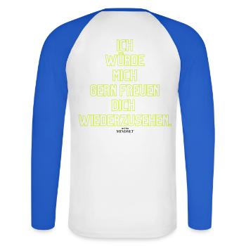 Ich Würde Mich Gern Freuen Wiedersehen - Unisex Baseballshirt langarm - Weiß/Royalblau - Hinten - Nik (191cm)