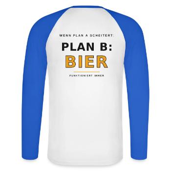 Plan B : Déclaration de bière - T-shirt baseball manches longues Homme - blanc/bleu royal - Dos - Nik (191cm)