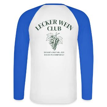 Lecker Wein Club Weinliebhaber Design Geschenk - Unisex Baseballshirt langarm - Weiß/Royalblau - Hinten - Nik (191cm)