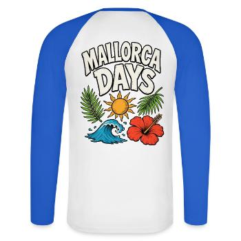 Mallorca Days with sun, wave and hibiscus - Unisex Long Sleeve Baseball T-Shirt - white/royal blue - Back - Nik (191cm)