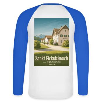 Sankt Fickdichdoch - Postkartenmotiv - Unisex Baseballshirt langarm - Weiß/Royalblau - Hinten - Nik (191cm)