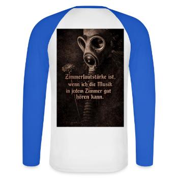 Gasmaske und Blume mit Spruch - Unisex Baseballshirt langarm - Weiß/Royalblau - Hinten - Nik (191cm)