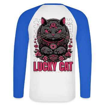 Destinys Cat - Unisex Baseballshirt langarm - Weiß/Royalblau - Hinten - Nik (191cm)