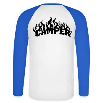Camper Flames - Unisex Long Sleeve Baseball T-Shirt - white/royal blue - Back - Nik (191cm)
