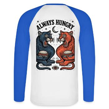 Immer Hungrig Katzenduo mit Burger - Unisex Baseballshirt langarm - Weiß/Royalblau - Hinten - Nik (191cm)