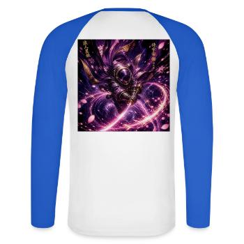 Kosmischer Samurai im Sternenwirbel - Unisex Baseballshirt langarm - Weiß/Royalblau - Hinten - Nik (191cm)
