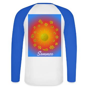 Sommer Sonne Glitzerblumen Muster - Unisex Baseballshirt langarm - Weiß/Royalblau - Hinten - Nik (191cm)