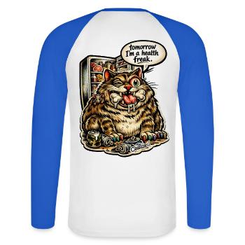 Health Freak - Unisex Baseballshirt langarm - Weiß/Royalblau - Hinten - Nik (191cm)