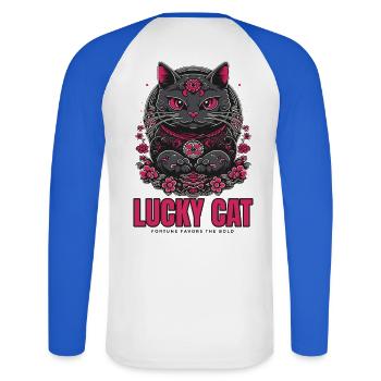 Lucky Cat Glückskatze Maneki Neko Pink - Unisex Baseballshirt langarm - Weiß/Royalblau - Hinten - Nik (191cm)