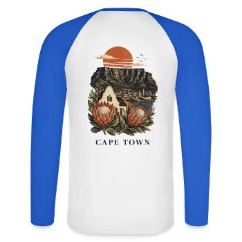Cape Town Table Mountain Art - Unisex Baseballshirt langarm - Weiß/Royalblau - Hinten - Nik (191cm)