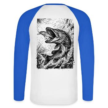 Hecht am Wobbler | Classic Collection - Unisex Baseballshirt langarm - Weiß/Royalblau - Hinten - Nik (191cm)