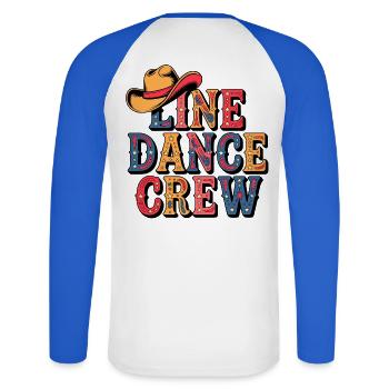 Équipe de danse en ligne - T-shirt baseball manches longues Homme - blanc/bleu royal - Dos - Nik (191cm)