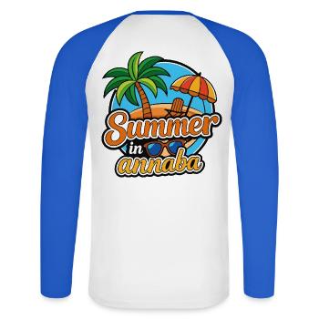 Été à Annaba: Palmiers et Plage - T-shirt baseball manches longues Homme - blanc/bleu royal - Dos - Nik (191cm)