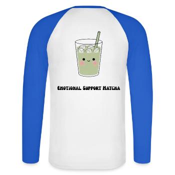 Matcha de soutien émotionnel doux - T-shirt baseball manches longues Homme - blanc/bleu royal - Dos - Nik (191cm)