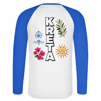Crete Holidays with Sun, Olive Branch & Blossoms - Unisex Long Sleeve Baseball T-Shirt - white/royal blue - Back - Nik (191cm)