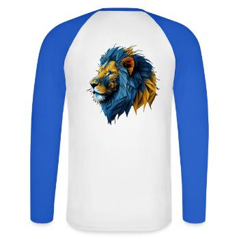 Blue-Gold Polygon Lion - Unisex Long Sleeve Baseball T-Shirt - white/royal blue - Back - Nik (191cm)