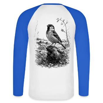 Un joli moineau dessiné artistiquement sur un tronc d’arbre - T-shirt baseball manches longues Homme - blanc/bleu royal - Dos - Nik (191cm)