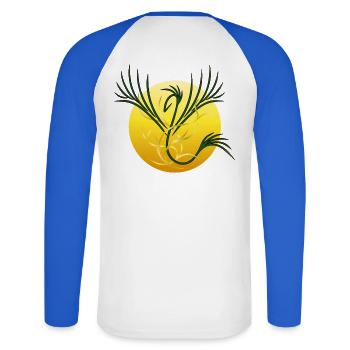 Phénix Solaire - La Renaissance de la Lumière - T-shirt baseball manches longues Homme - blanc/bleu royal - Dos - Nik (191cm)