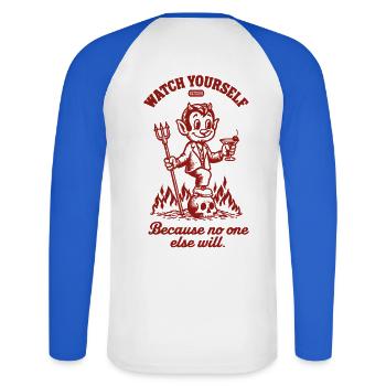 Watch Yourself dEVIL - Unisex Long Sleeve Baseball T-Shirt - white/royal blue - Back - Nik (191cm)