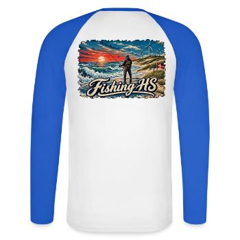 Angeln Hvide Sande2 - Unisex Baseballshirt langarm - Weiß/Royalblau - Hinten - Nik (191cm)