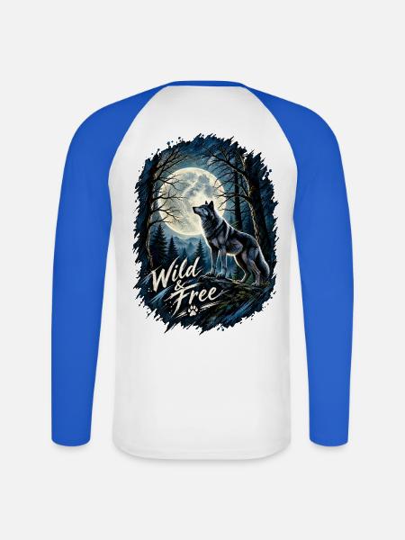 Mondlichtwolf: Wild & Frei im Wald - Unisex Baseballshirt langarm - Weiß/Royalblau