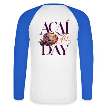 Açaí All Day Bowl - Acai Bowl Design - Unisex Baseballshirt langarm - Weiß/Royalblau - Hinten - Nik (191cm)
