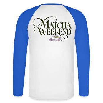 Matcha Wochenende Matcha Weekend Design - Unisex Baseballshirt langarm - Weiß/Royalblau - Hinten - Nik (191cm)