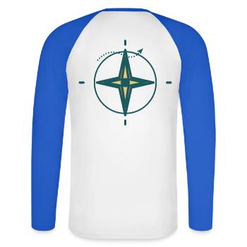 Nordstern Kompass Grafik - Unisex Baseballshirt langarm - Weiß/Royalblau - Hinten - Nik (191cm)