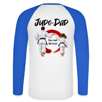 Judo Dad mit Tochter - Unisex Baseballshirt langarm - Weiß/Royalblau - Hinten - Nik (191cm)