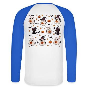Cutes Halloween-Katzen-Muster - Unisex Baseballshirt langarm - Weiß/Royalblau - Hinten - Nik (191cm)