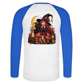 Niedliche Hexe mit schwarzer Katze - Unisex Baseballshirt langarm - Weiß/Royalblau - Hinten - Nik (191cm)