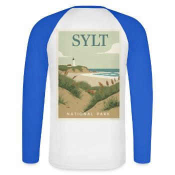 Sylt National Park Vintage Coast - Unisex Baseballshirt langarm - Weiß/Royalblau - Hinten - Nik (191cm)