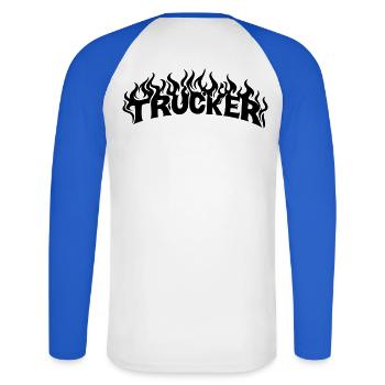 Trucker Lettering Flames - Color Changeable - Unisex Long Sleeve Baseball T-Shirt - white/royal blue - Back - Nik (191cm)