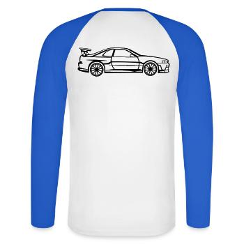 Skyline Line Silhouette – JDM Classic Art - Unisex Baseballshirt langarm - Weiß/Royalblau - Hinten - Nik (191cm)