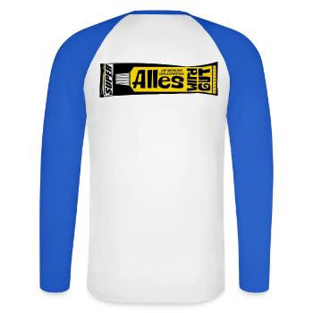 Alles wird gut Experten Kleber retro Psychologie  - Unisex Baseballshirt langarm - Weiß/Royalblau - Hinten - Nik (191cm)