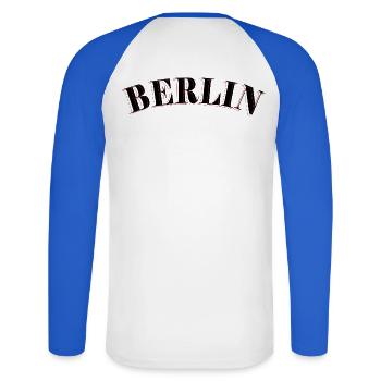 Berlin Retro - Unisex Long Sleeve Baseball T-Shirt - white/royal blue - Back - Nik (191cm)