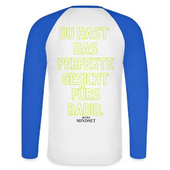 Neon Typo: Du hast das perfekte Gesicht - Unisex Baseballshirt langarm - Weiß/Royalblau - Hinten - Nik (191cm)