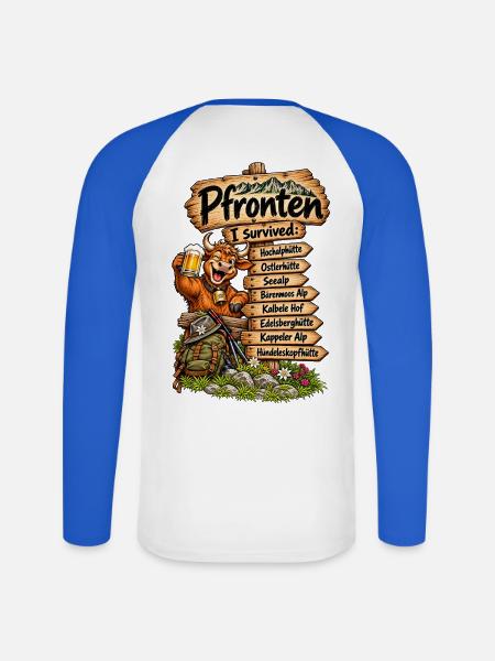 Pfronten Überlebt: Alpenhumor - Unisex Baseballshirt langarm - Weiß/Royalblau