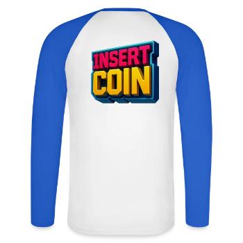 Conception de jeu rétro néon - T-shirt baseball manches longues Homme - blanc/bleu royal - Dos - Nik (191cm)