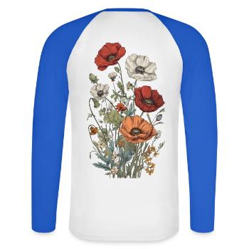 Magnifique bouquet d’herbier Boho Poppy - T-shirt baseball manches longues Homme - blanc/bleu royal - Dos - Nik (191cm)