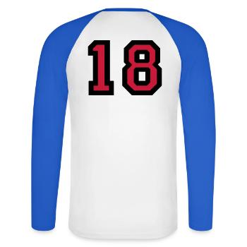 The number 18 - number eighteen - Unisex Long Sleeve Baseball T-Shirt - white/royal blue - Back - Nik (191cm)